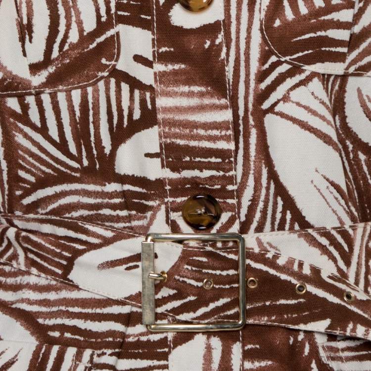 Pre Owned Max Mara White & Brown Printed Canvas Belted Coat M