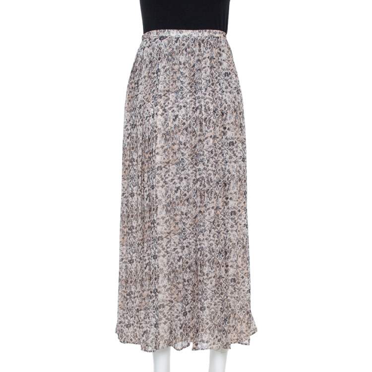 Pre Owned Max Mara Cream Printed Chiffon Pleated Maxi Skirt S
