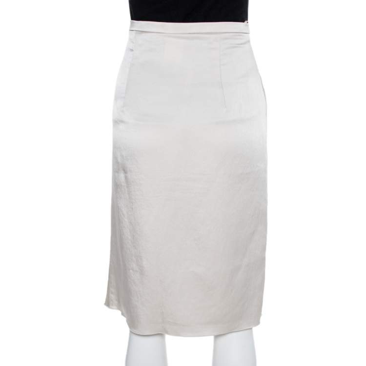 Pre Owned Max Mara Studio Cream Satin Pleated Detail Midi Skirt S