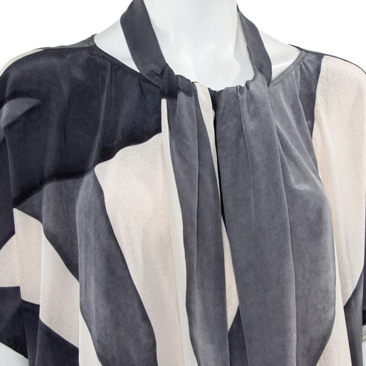 Pre Owned Max Mara Grey Abstract printed Silk Draped Neck Maxi Dress M
