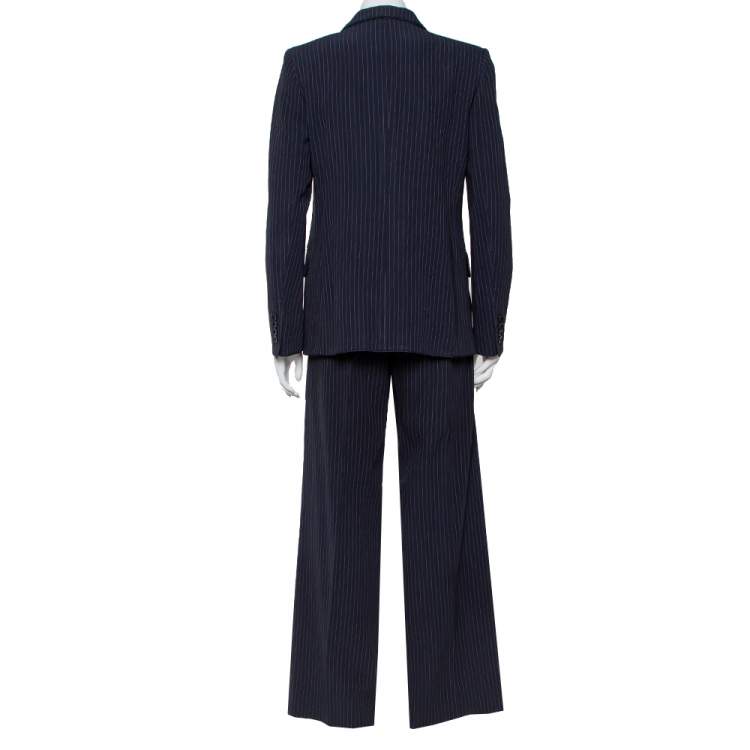 Pre Owned Max Mara Navy Blue Pinstriped Wool Selz Suit M
