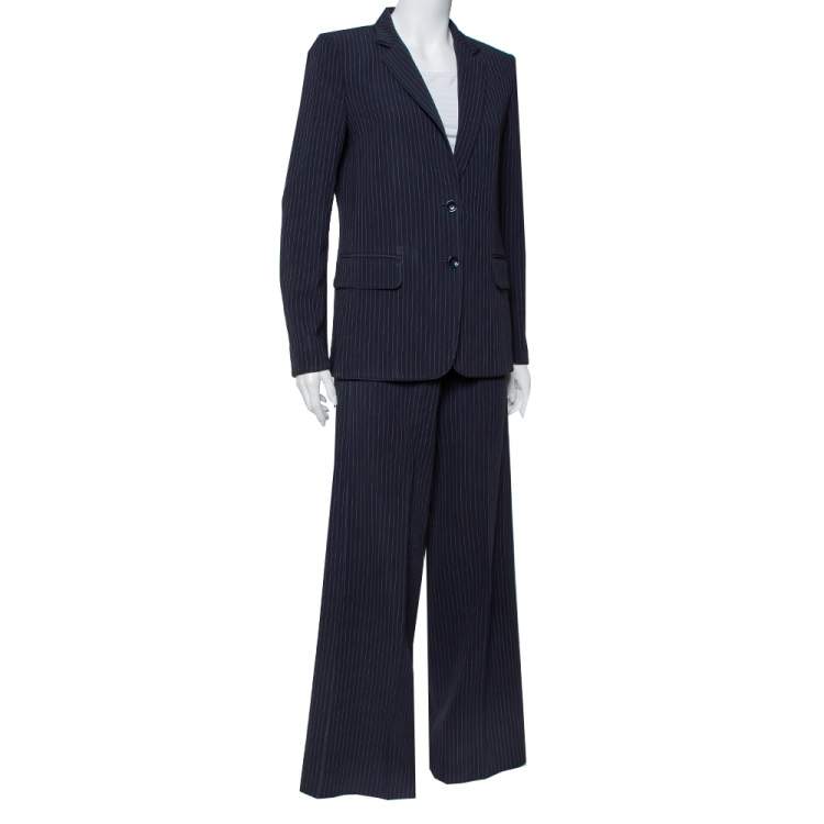 Pre Owned Max Mara Navy Blue Pinstriped Wool Selz Suit M
