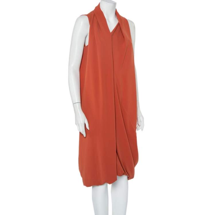 Pre Owned Max Mara Brown Crepe Asymmetric Draped Balloon Midi Dress L