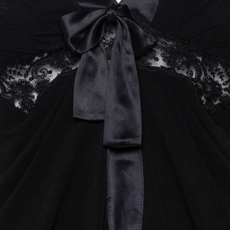 Pre Owned Max Mara Black Knit & Lace Trim Bow Detail Top S