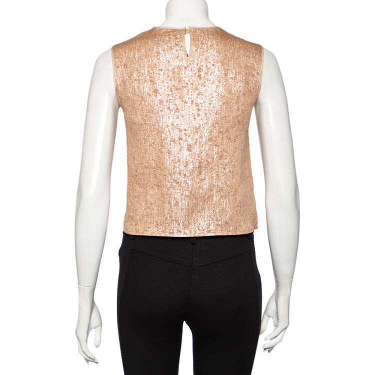 Pre Owned Max Mara Beige Lamé Sleeveless Top S