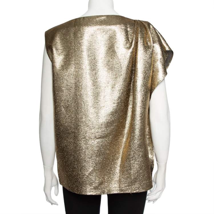 Pre Owned Max Mara Gold Lame Pleated Shoulder Detail Sleeveless Top M 