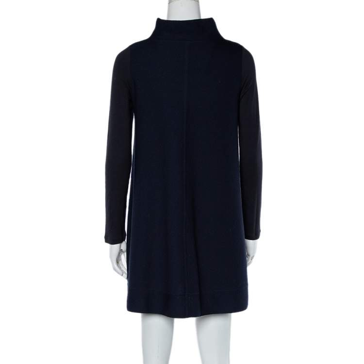 Pre Owned Max Mara Navy Blue Knit Contrast Sleeve Detail High Neck Shift Dress S
