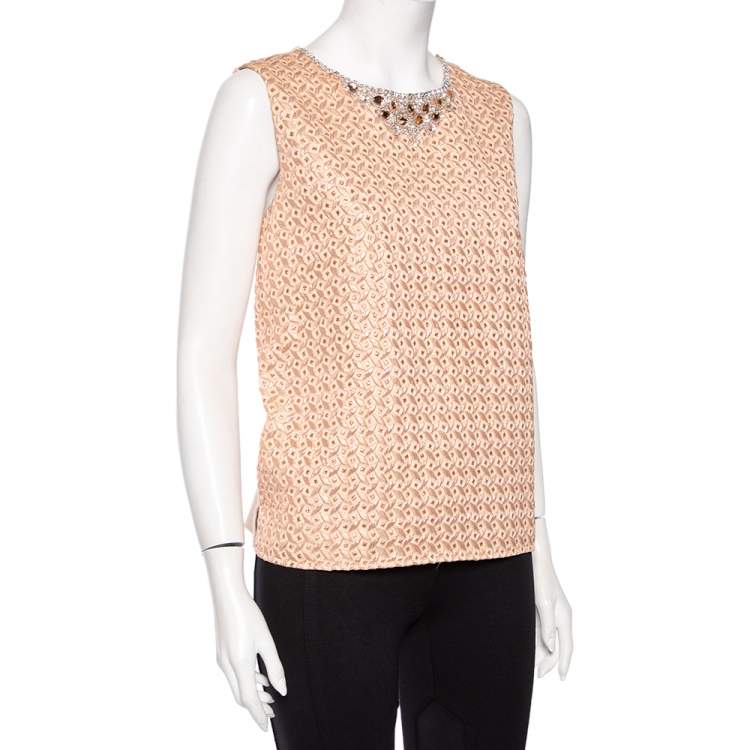 Pre Owned Max Mara Peach Patterned Crepe Embellished Neckline Detail Top L 