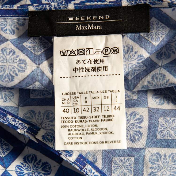 Pre Owned Weekend Max Mara Blue Mosaic Print Cotton Pleated Hem Detail Long Dress L