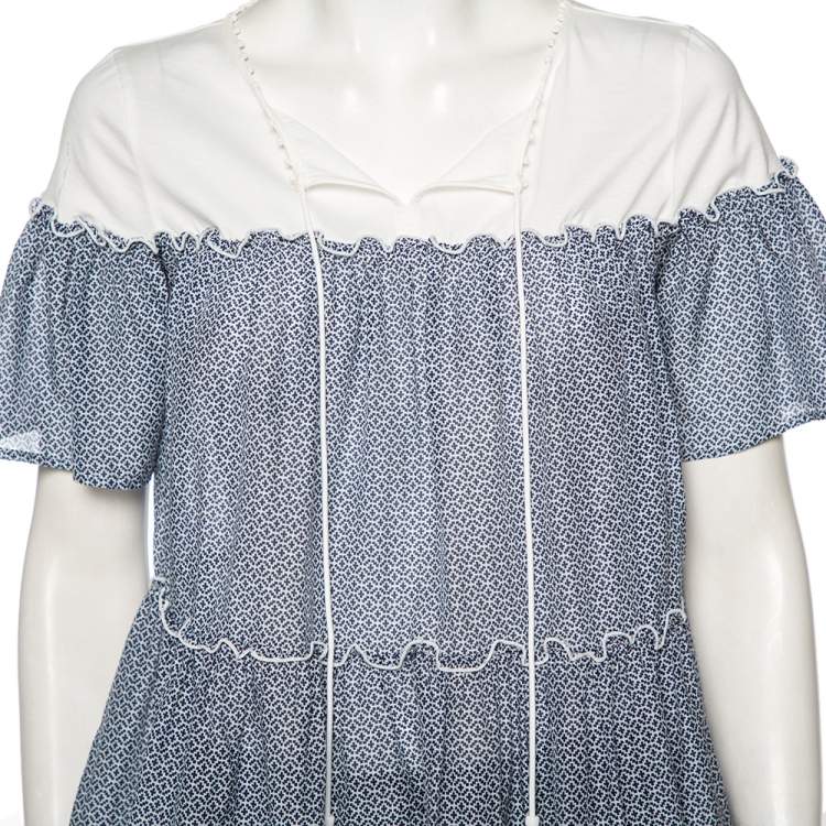 Pre Owned Max Mara Blue Printed Cotton Tie Neck Detail Tunic M