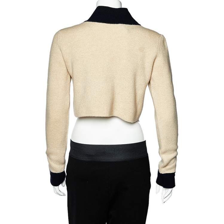 Pre Owned Max Mara Beige Wool & Cashmere Contrast Trim Zip Front Cropped Cardigan L
