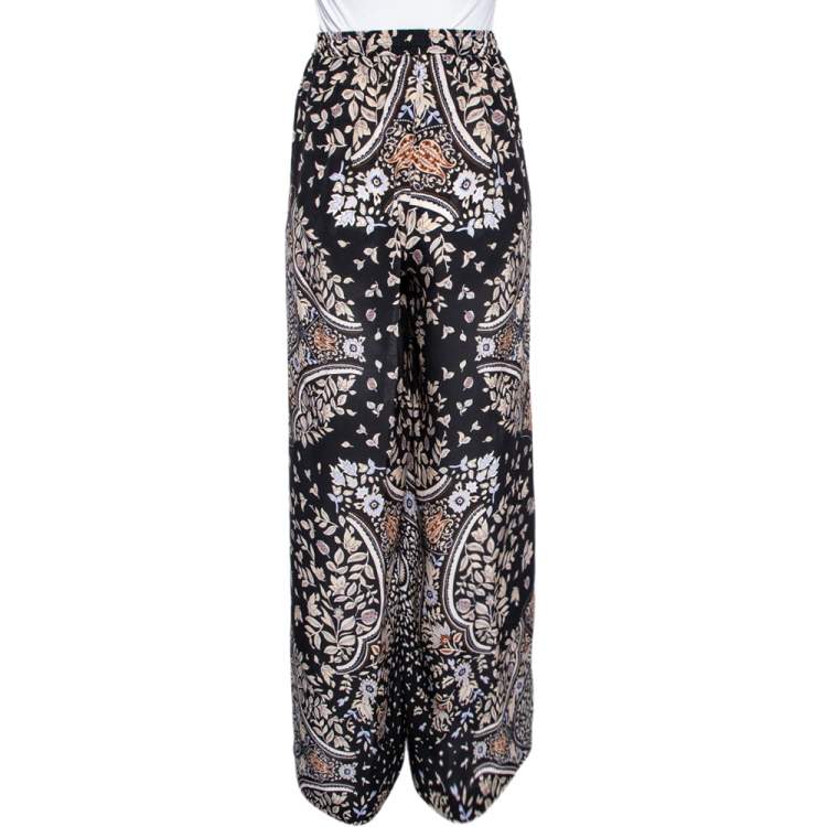 Pre Owned Max Mara Studio Black Printed Silk Elasticized Waist Wide Leg Pants L