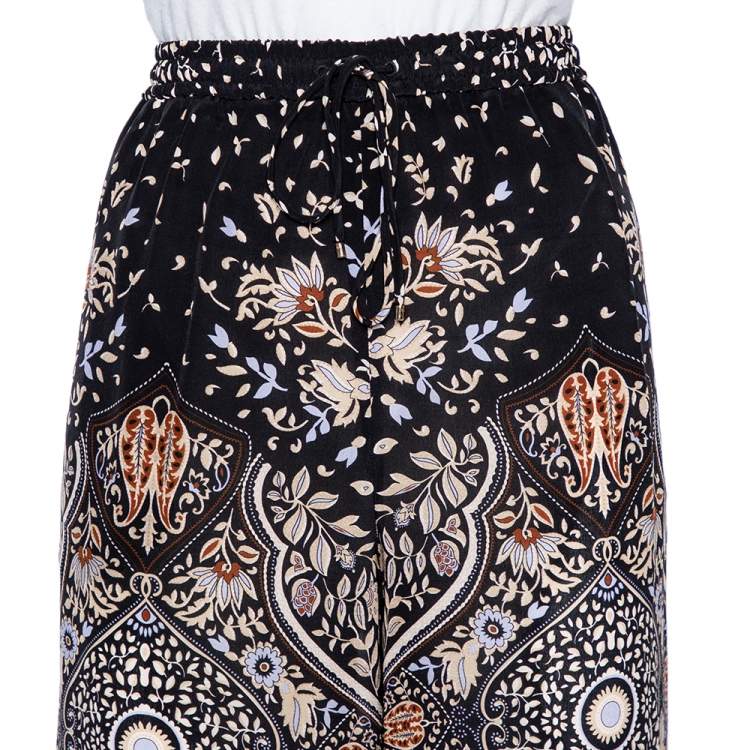 Pre Owned Max Mara Studio Black Printed Silk Elasticized Waist Wide Leg Pants L