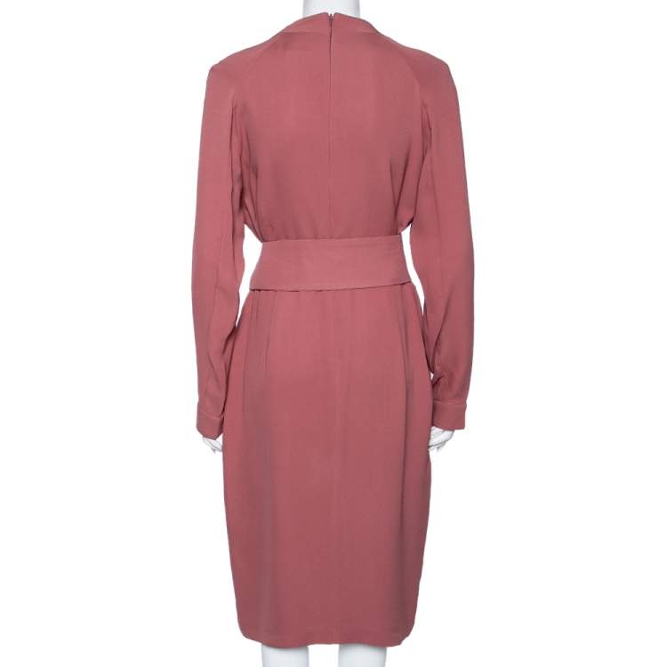 Pre Owned Max Mara Dusty Pink Silk Faux Wrap Belted Robe Dress L