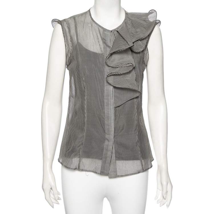 Pre Owned Max Mara Monochrome Striped Silk And Cotton Ruffled Sleeveless Sheer Top M