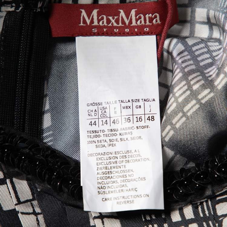 Pre Owned Max Mara Monochrome Printed Silk Embellished Neck Detailed Dress L