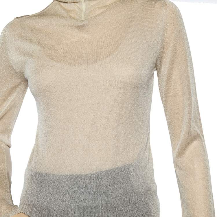 Pre Owned Max Mara Beige Sheer Lurex Knit Turtle Neck Long Sleeve Top M