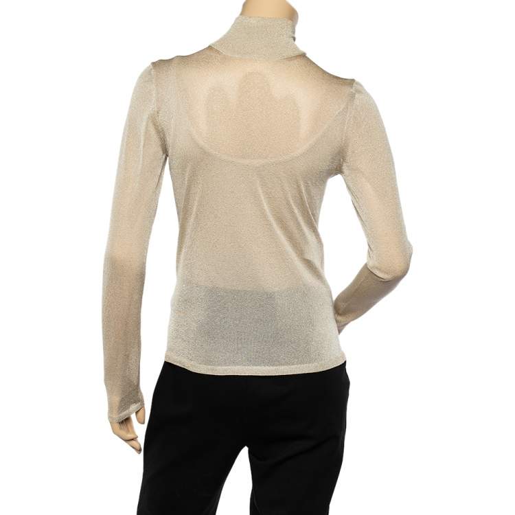 Pre Owned Max Mara Beige Sheer Lurex Knit Turtle Neck Long Sleeve Top M