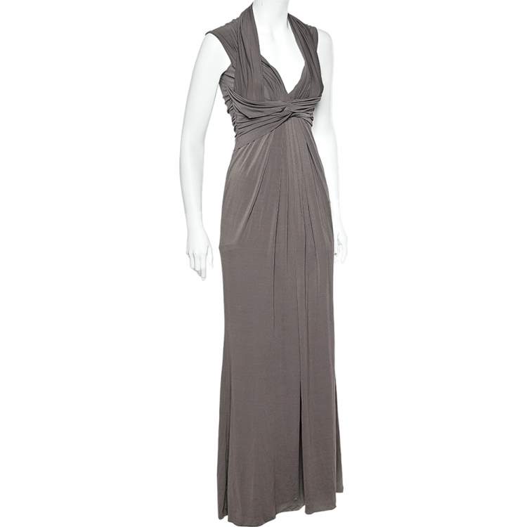 Pre Owned Max Mara Grey Jersey Ruched Maxi Dress S