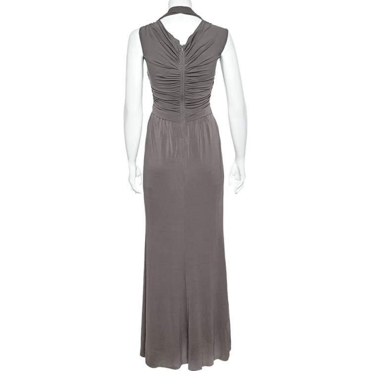 Pre Owned Max Mara Grey Jersey Ruched Maxi Dress S
