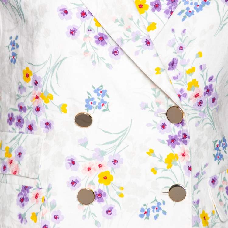 Pre Owned Max Mara White Floral Printed Linen Double Breasted Blazer M