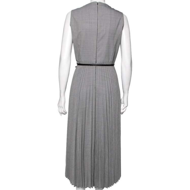 Pre Owned Max Mara Grey Micro Houndstooth Patterned Wool Arielle Belted Dress M