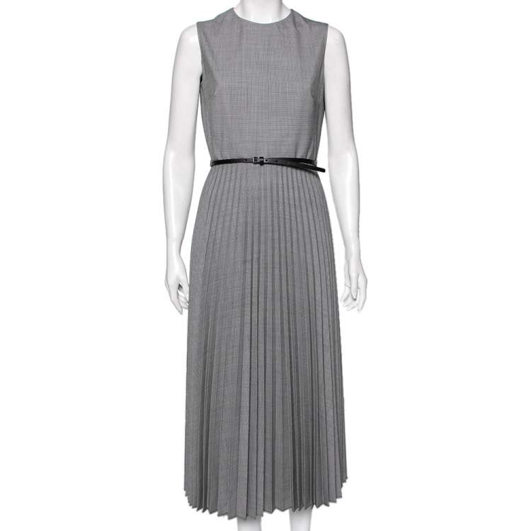 Pre Owned Max Mara Grey Micro Houndstooth Patterned Wool Arielle Belted Dress M