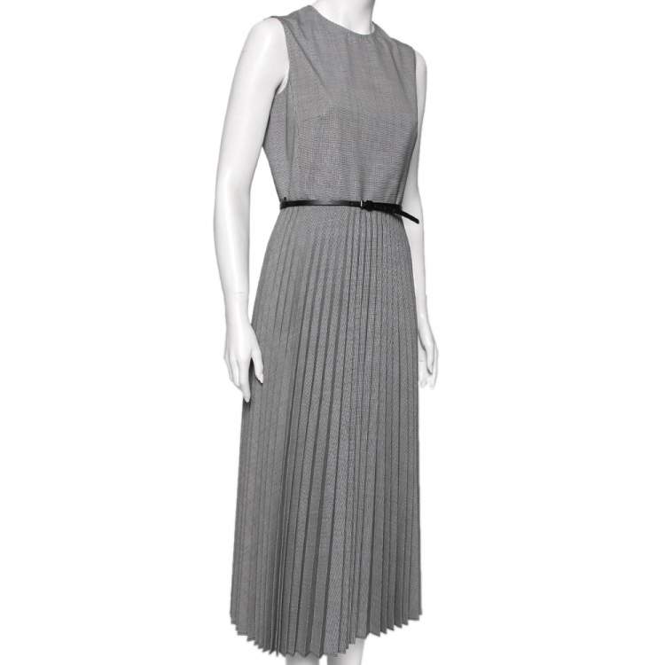 Pre Owned Max Mara Grey Micro Houndstooth Patterned Wool Arielle Belted Dress M