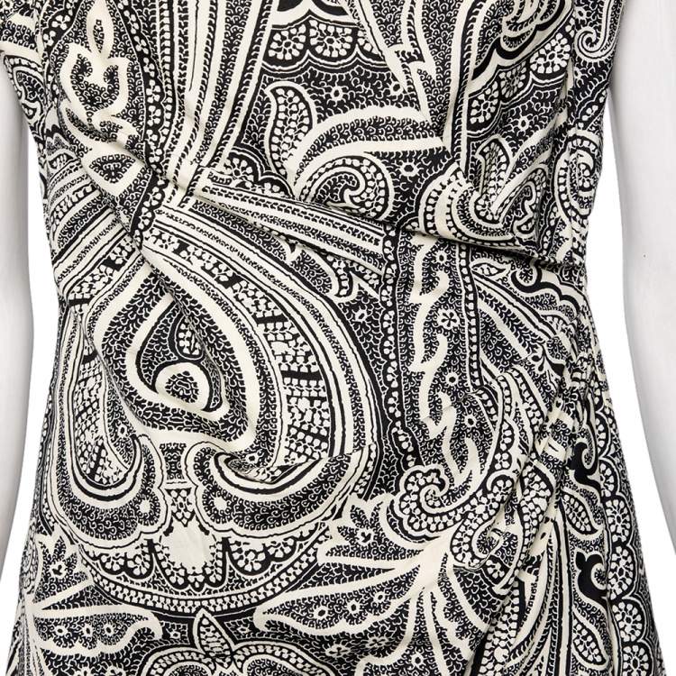 Pre Owned Max Mara Monochrome Paisley Printed Cotton Draped Detail Dress M
