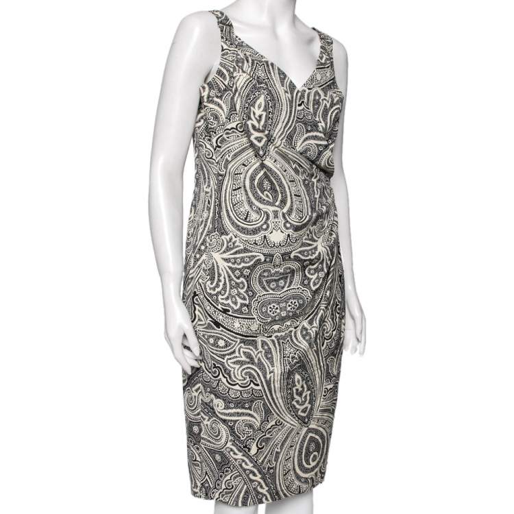 Pre Owned Max Mara Monochrome Paisley Printed Cotton Draped Detail Dress M