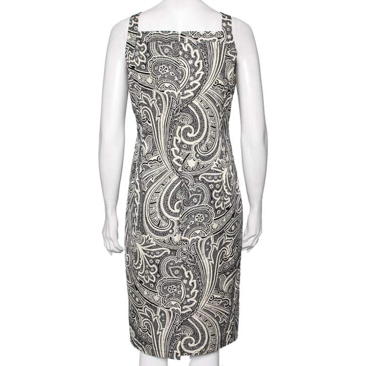 Pre Owned Max Mara Monochrome Paisley Printed Cotton Draped Detail Dress M