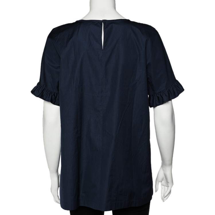 Pre Owned Max Mara Navy Blue Cotton Ruffled Sleeve Top M