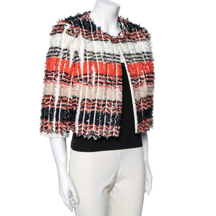 Pre Owned Max Mara Multicolored Fringed Long Sleeve Cropped Jacket L