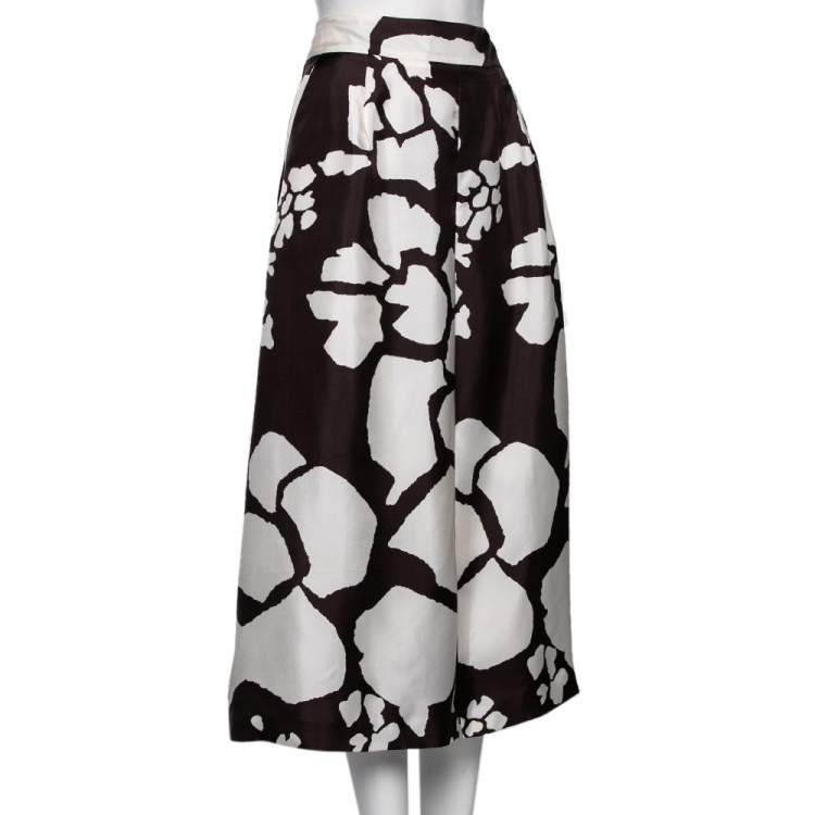 Pre Owned Max Mara White and Brown Printed Silk Midi Skirt S