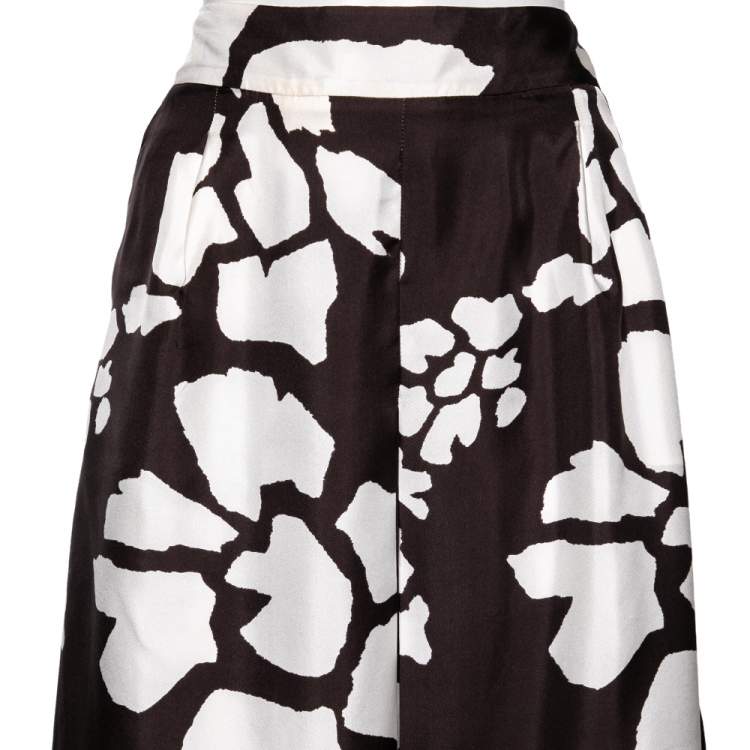 Pre Owned Max Mara White and Brown Printed Silk Midi Skirt S