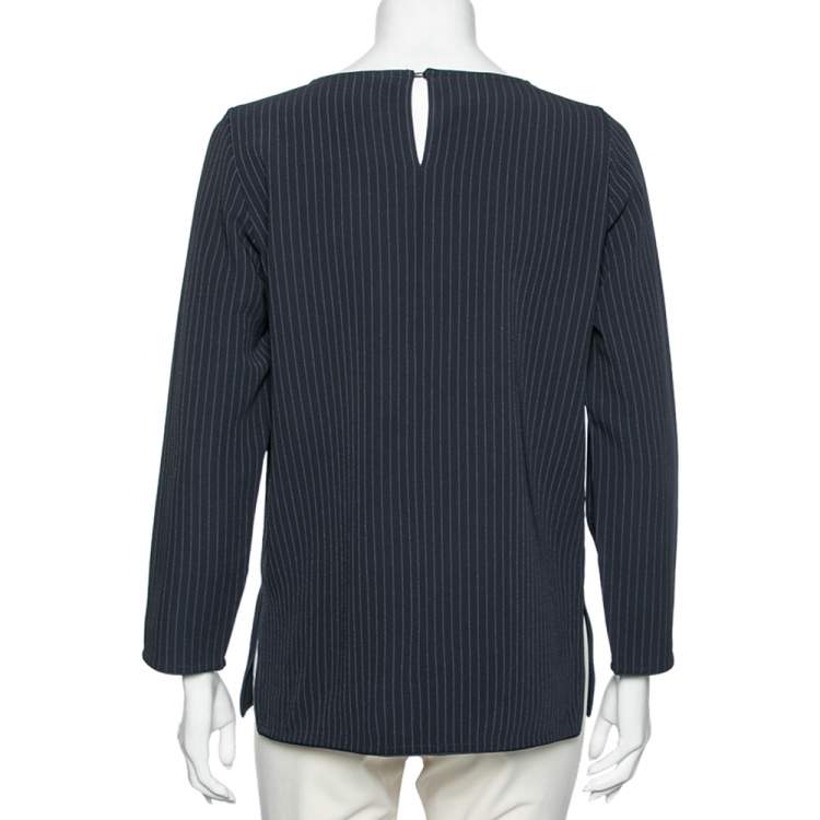 Pre Owned Max Mara Navy Blue Pinstripe Crepe Top M
