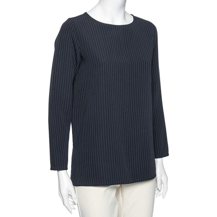 Pre Owned Max Mara Navy Blue Pinstripe Crepe Top M