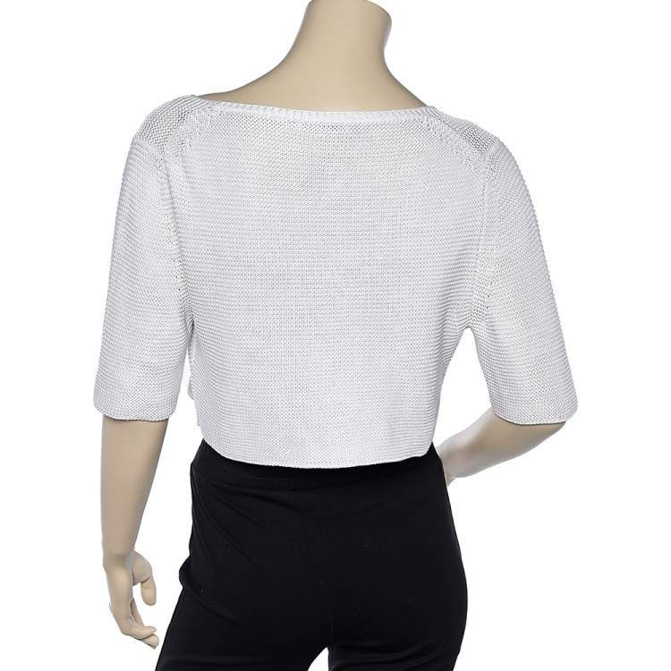 Pre Owned Max Mara Off White Crochet Knit Button Front Cropped Shrug XL