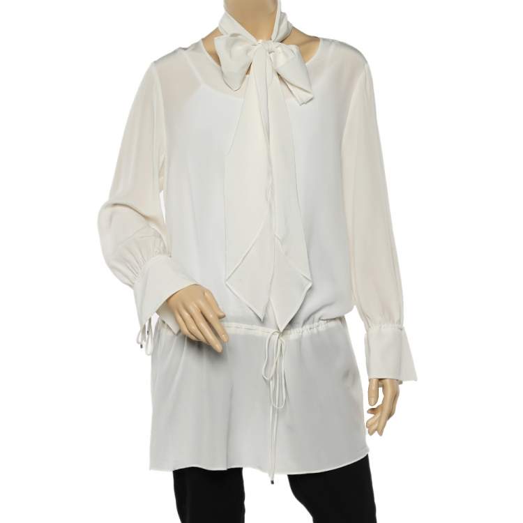 Pre Owned Max Mara Studio White Silk Neck Tie Detail Top XL