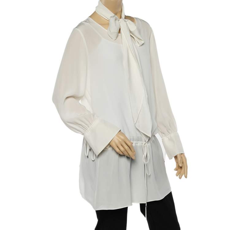 Pre Owned Max Mara Studio White Silk Neck Tie Detail Top XL