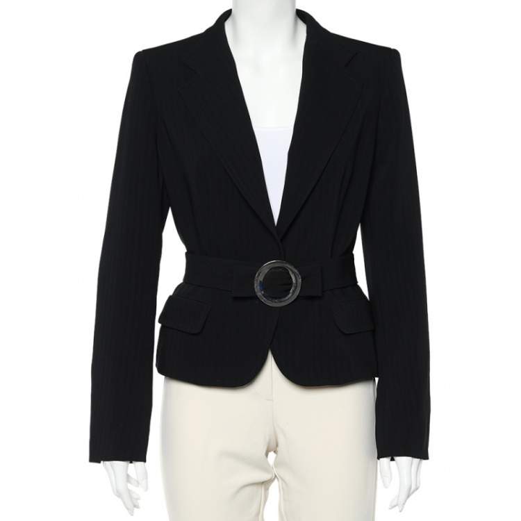 Pre Owned Max Mara Black Striped Crepe Belted Button Front Blazer M