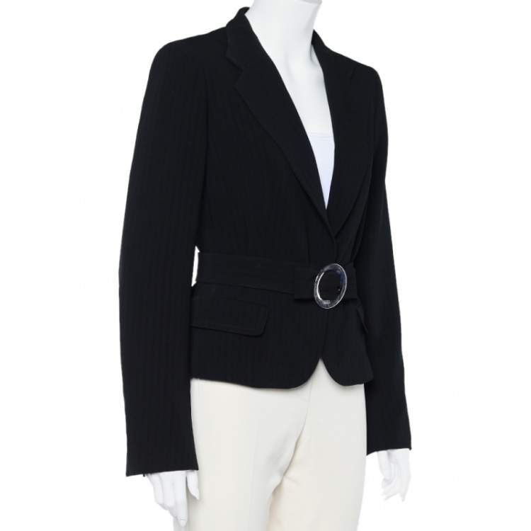 Pre Owned Max Mara Black Striped Crepe Belted Button Front Blazer M