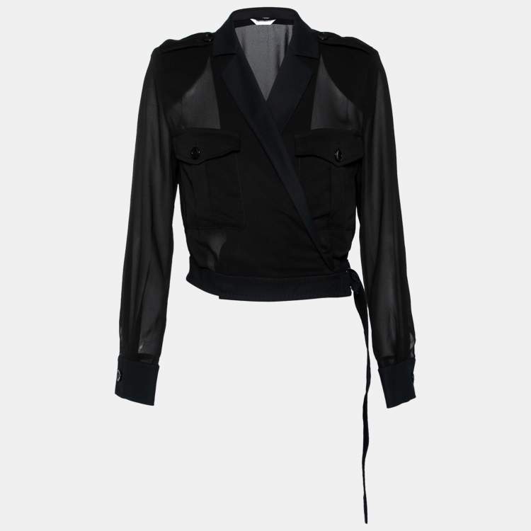 Pre Owned Max Mara Black Crepe Front Tie Detail Crop Jacket M 