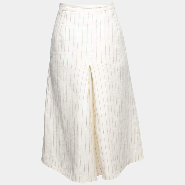 Pre Owned Max Mara Cream Striped Linen Pleat Detail Wide Leg Culottes M