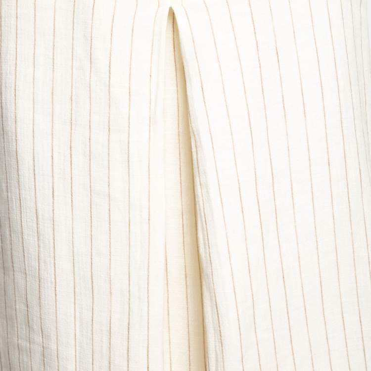 Pre Owned Max Mara Cream Striped Linen Pleat Detail Wide Leg Culottes M
