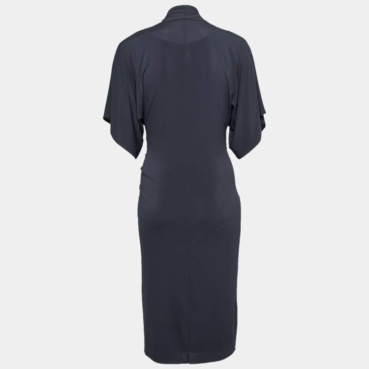 Pre Owned Max Mara Navy Blue Stretch Crepe Pleated and Zip Front Dress M