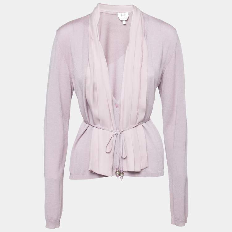 Pre Owned Max Mara Lilac Knit & Silk Paneled Belted Button Front Cardigan L