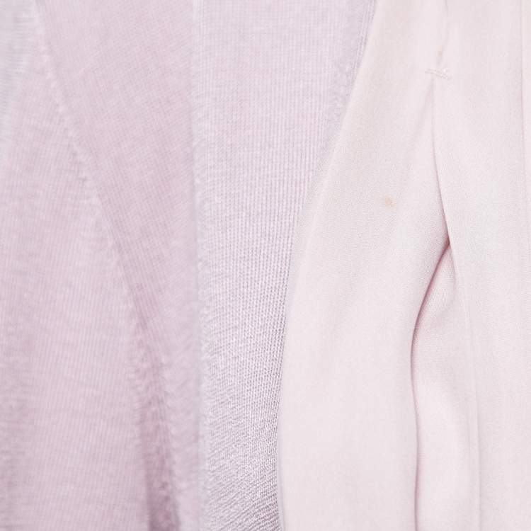Pre Owned Max Mara Lilac Knit & Silk Paneled Belted Button Front Cardigan L