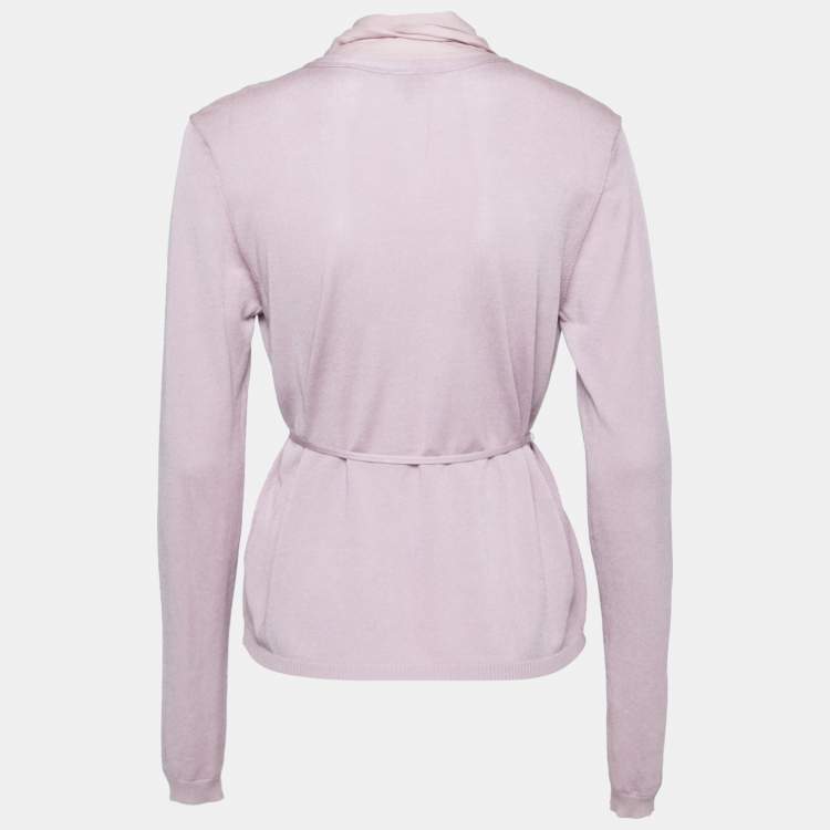 Pre Owned Max Mara Lilac Knit & Silk Paneled Belted Button Front Cardigan L