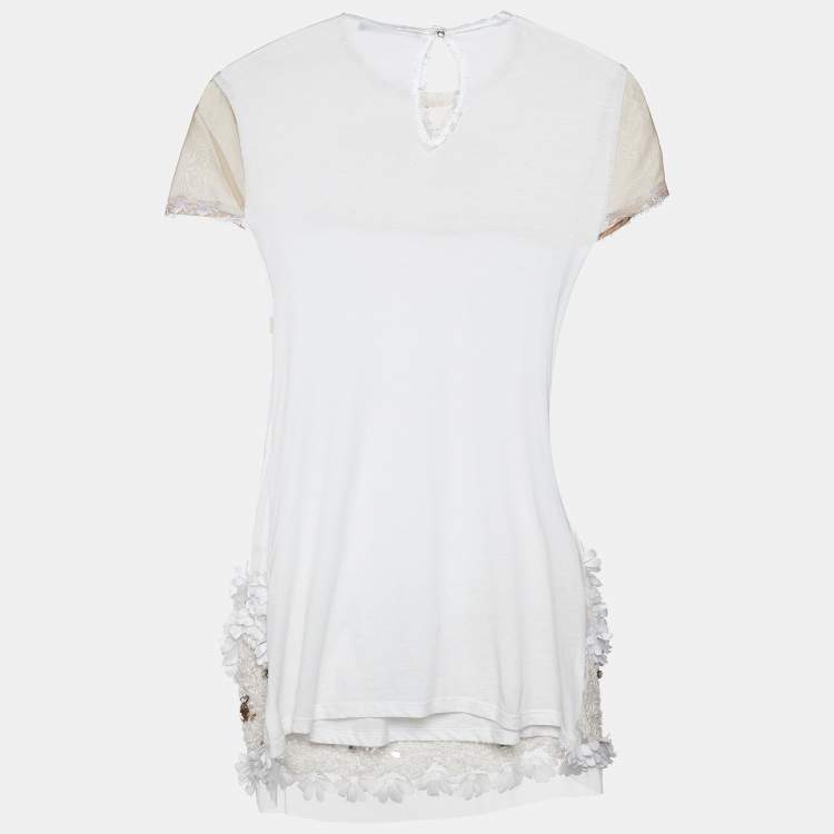 Pre Owned Max Mara White Mesh Crystal and Sequin Embellished Top M